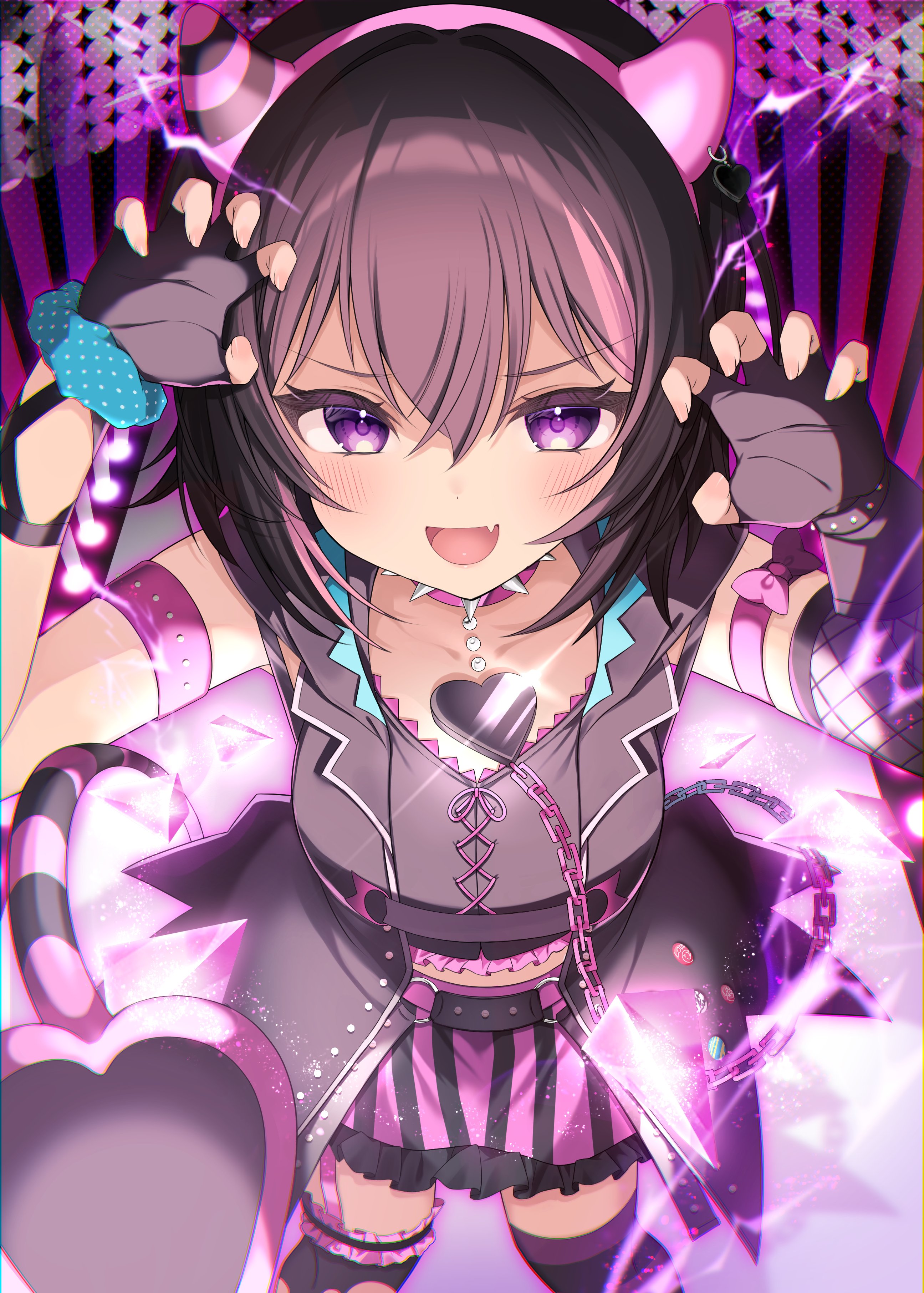 nanashi (nanashi 234), yuuki riku, ongeki, absurdres, highres, 1girl, animal ears, black gloves, black hair, blush, breasts, cat ears, choker, claw pose, fake horns, fang, fingerless gloves, gloves, horns, looking at viewer, multicolored hair, nail polish, open mouth, pink skirt, polka dot, purple eyes, purple hair, short hair, skirt, smile, solo, thighhighs, v-shaped eyebrows