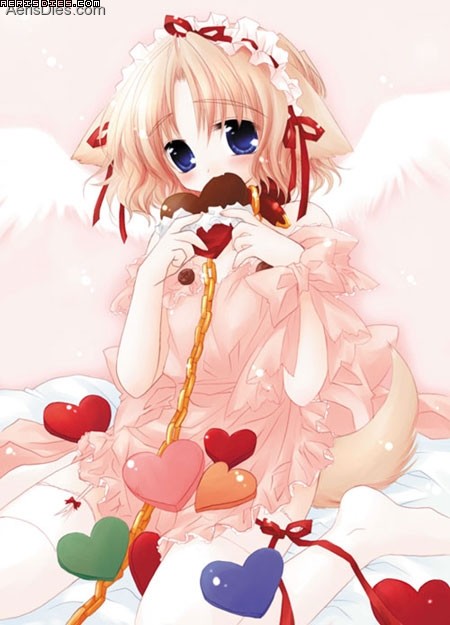 animal ears, blonde hair, blue eyes, blush, chain, chocolate, dog ears, dog tail, eating, looking at viewer, short hair, tail, wings