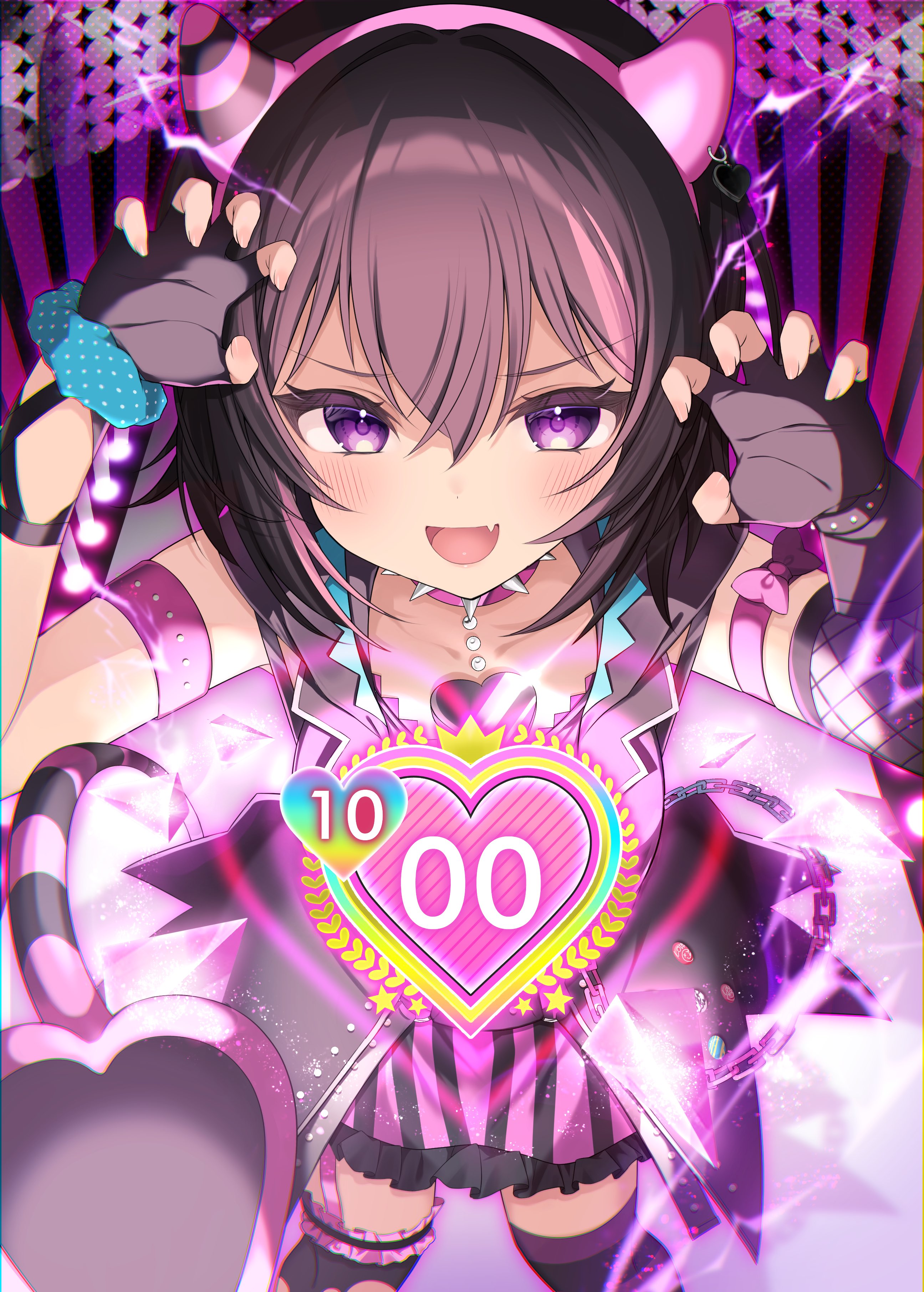 nanashi (nanashi 234), yuuki riku, ongeki, absurdres, highres, 1girl, animal ears, black gloves, black hair, blush, choker, claw pose, fake horns, fang, fingerless gloves, gloves, hair between eyes, horns, looking at viewer, multicolored hair, nail polish, open mouth, polka dot, purple eyes, purple hair, short hair, skirt, smile, solo, streaked hair, striped clothes, striped gloves, thighhighs, v-shaped eyebrows