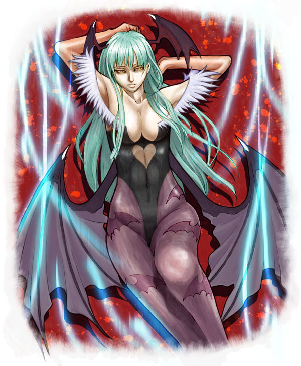 ill-zyon, ill (0022), morrigan aensland, capcom, darkstalkers, 1girl, aqua hair, arms up, bare shoulders, bat wings, breasts, cleavage, demon girl, detached sleeves, elbow gloves, female focus, gloves, head wings, large breasts, leotard, long hair, lying, pantyhose, solo, wings, yellow eyes