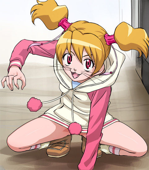 haruyama kazunori, momozono love, fresh precure!, precure, 00s, 1girl, animal ears, blonde hair, cat ears, convenient censoring, eyelashes, fangs, female focus, hood, hoodie, kneehighs, no pants, paw pose, red eyes, short twintails, socks, solo, squatting, twintails, whiskers