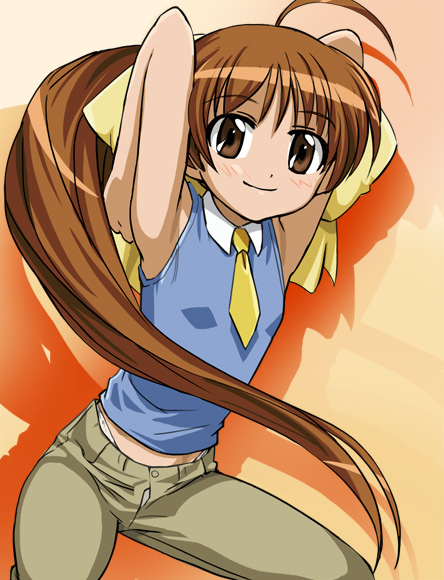 haruyama kazunori, osana najimi (doujin work), doujin work, 00s, 1girl, ahoge, armpits, brown eyes, brown hair, female focus, long hair, necktie, open fly, panties, panty peek, ponytail, shirt, sleeveless, sleeveless shirt, solo, squatting, underwear, unzipped