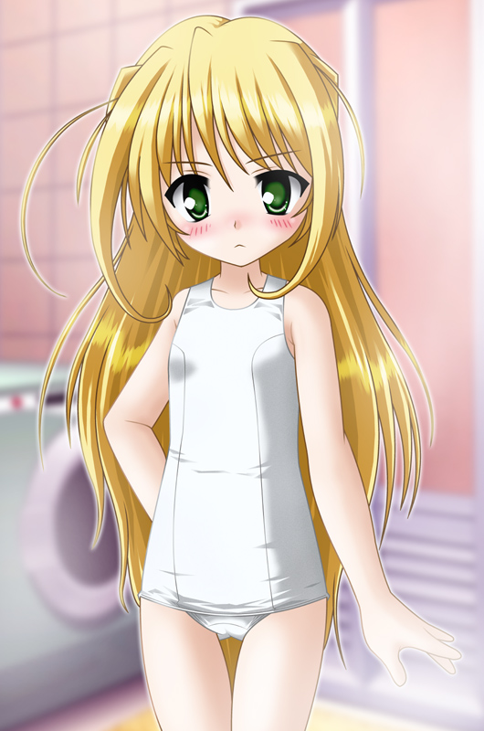 neopure, wreathlit noel, yoake mae yori ruri iro na, 1girl, bathroom, blonde hair, blush, female focus, flat chest, green eyes, loli, long hair, one-piece swimsuit, school swimsuit, solo, swimsuit, thigh gap, thighs, white one-piece swimsuit, white school swimsuit
