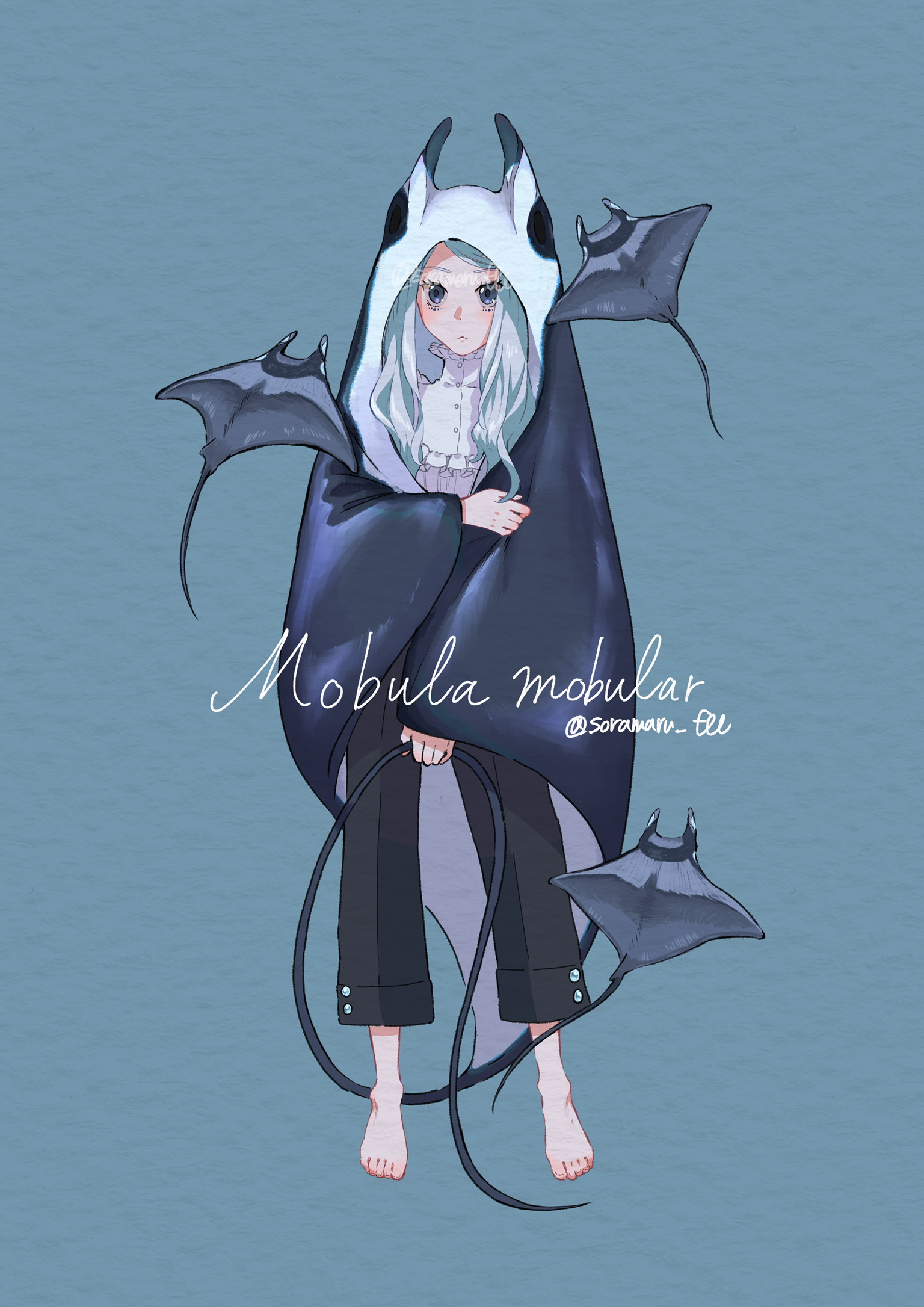 soramaru ell, original, bad link, commentary request, highres, 1girl, animal hood, barefoot, blue background, blue eyes, blue hair, buttons, cloak, collar, collared shirt, english text, fins, fish, fish girl, holding, holding own tail, hood, hooded cloak, long hair, looking at viewer, monster girl, pants, paper texture, scientific name, shirt, signature, stingray, tail, twitter username, watermark, white shirt