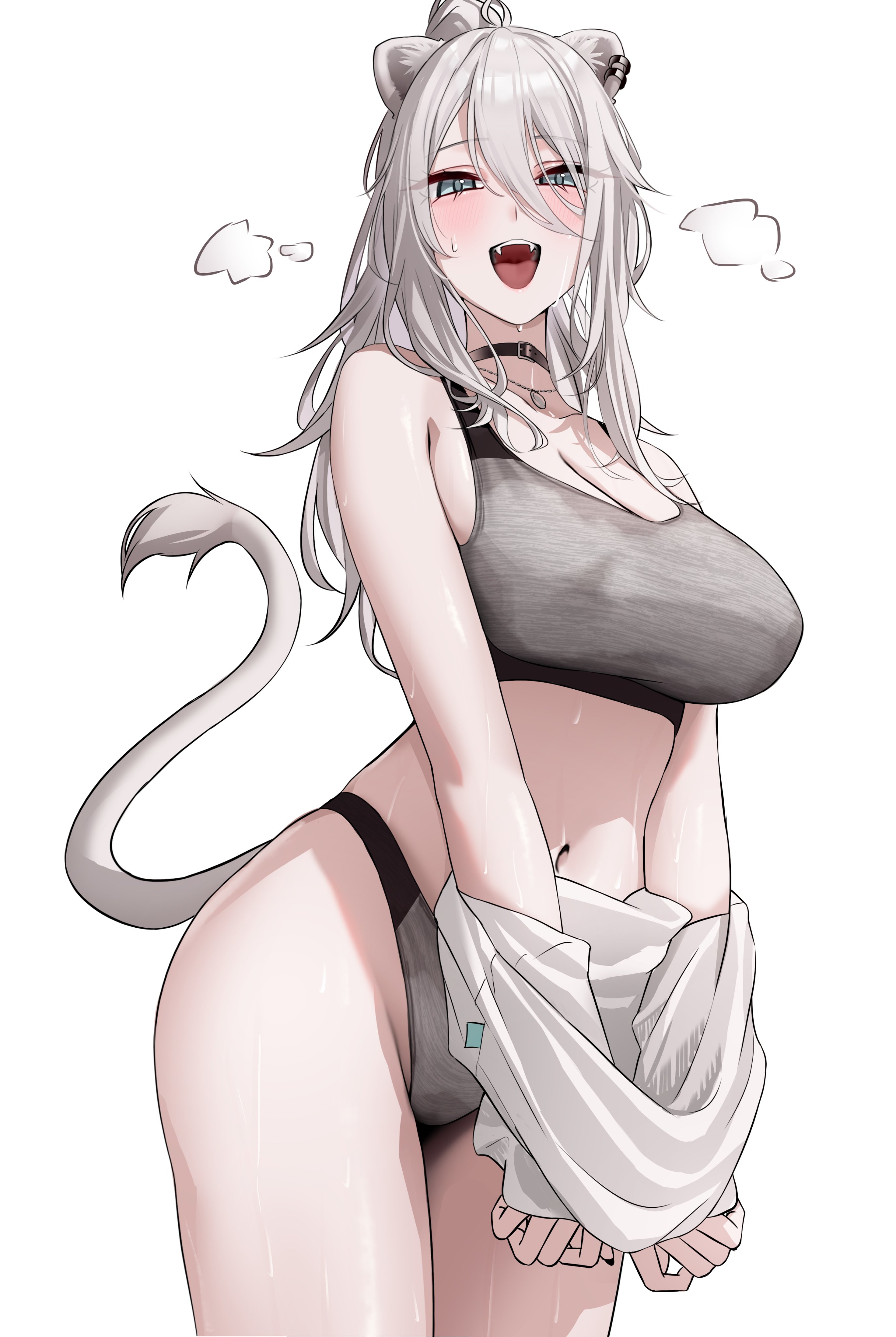 wanne, shishiro botan, hololive, absurdres, commentary, highres, symbol-only commentary, 1girl, :d, ahoge, animal ear piercing, animal ears, bra, breasts, cleavage, double-parted bangs, fangs, grey bra, grey eyes, grey hair, grey panties, hair between eyes, high ponytail, jewelry, large breasts, lion ears, lion girl, lion tail, long hair, long hair between eyes, looking at viewer, navel, necklace, open mouth, panties, ponytail, shirt, shirt partially removed, simple background, smile, solo, stomach, tail, underwear, virtual youtuber, white background, white shirt