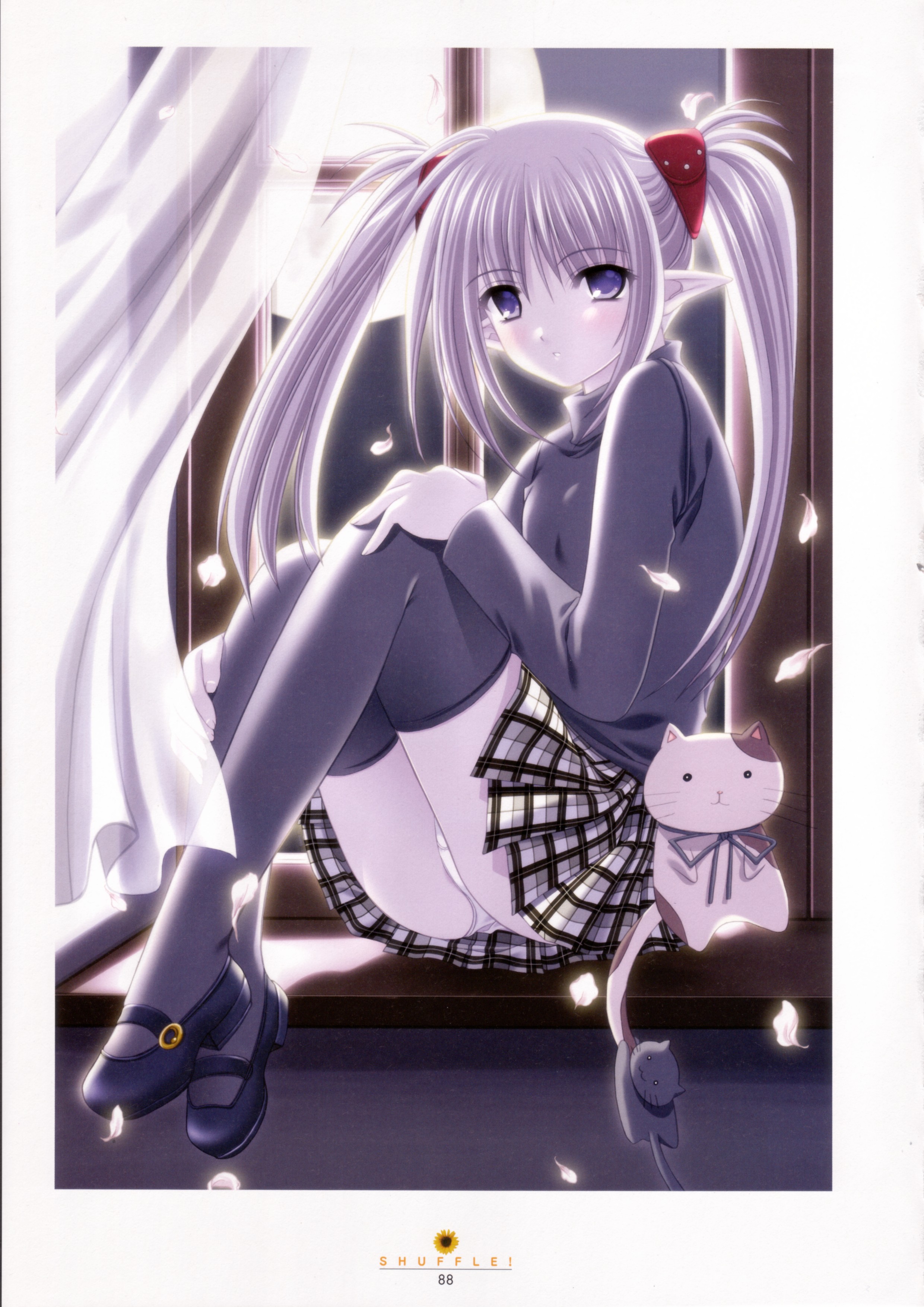 suzuhira hiro, primula, shuffle!, absurdres, highres, official art, scan, 00s, 1girl, blush, copyright name, female focus, long hair, mary janes, panties, pantyshot, pink hair, plaid clothes, plaid skirt, pointy ears, purple eyes, shoes, skirt, solo, thighhighs, twintails, underwear, upskirt, white panties, zettai ryouiki
