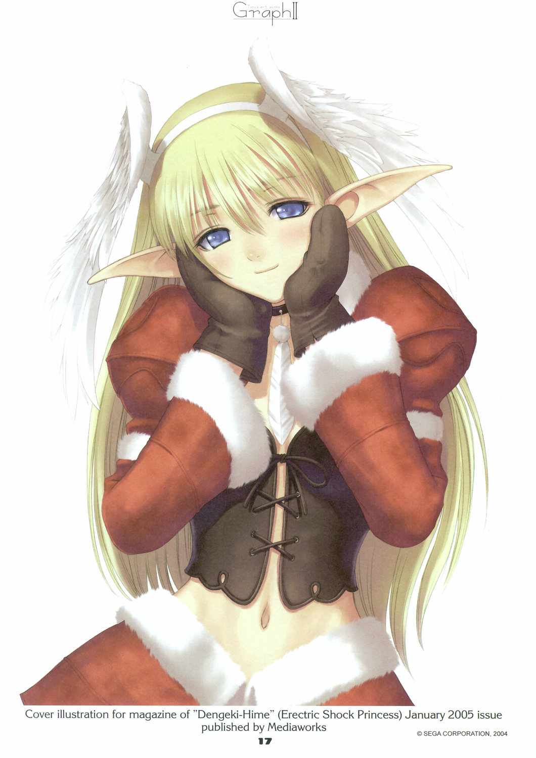tony taka, elwing, dengeki hime, sega, shining (series), shining tears, highres, 1girl, blonde hair, blue eyes, blush, breasts, brown mittens, cleavage, dated, elf, female focus, gloves, head tilt, head wings, long hair, midriff, mittens, no bra, pointy ears, santa costume, simple background, solo, standing, white background, wings