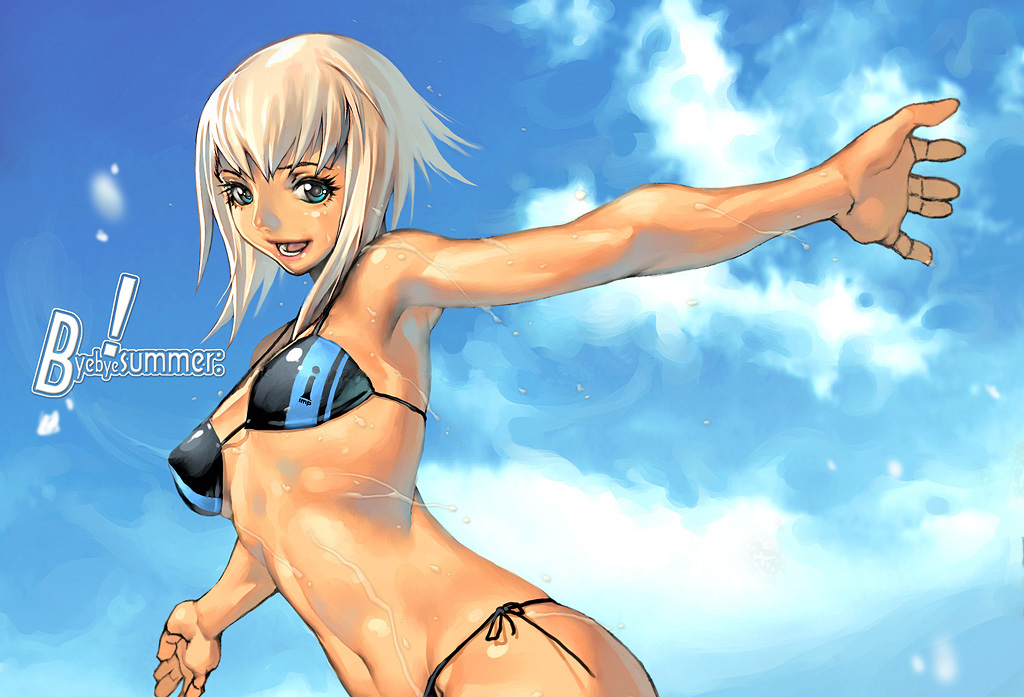 kim hyung tae, bikini, blue eyes, cloud, swimsuit, water, white hair
