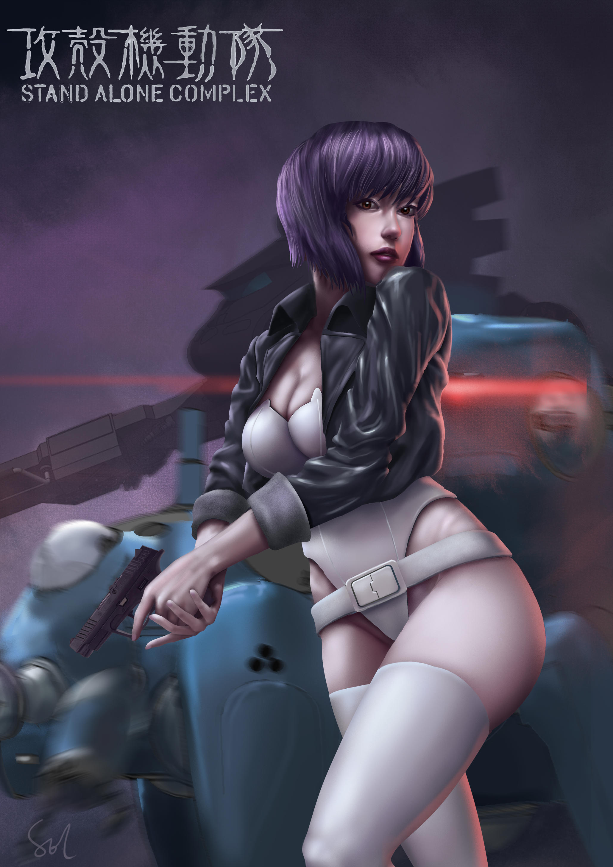 raphire, kusanagi motoko, tachikoma, ghost in the shell, ghost in the shell: stand alone complex, absurdres, highres, 1girl, belt, black jacket, copyright name, cz-100, gun, holding, holding gun, holding weapon, jacket, leotard, non-humanoid robot, purple hair, red eyes, robot, solo, strapless, strapless leotard, thighhighs, trigger discipline, weapon, white leotard, white thighhighs