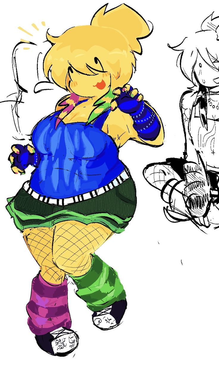 roblox, bad source, highres, 1other, :3, belt, blonde hair, fingerless gloves, fishnets, gloves, hair bun, miniskirt, nail polish, noob (roblox), shoes, skirt, sneakers, tank top