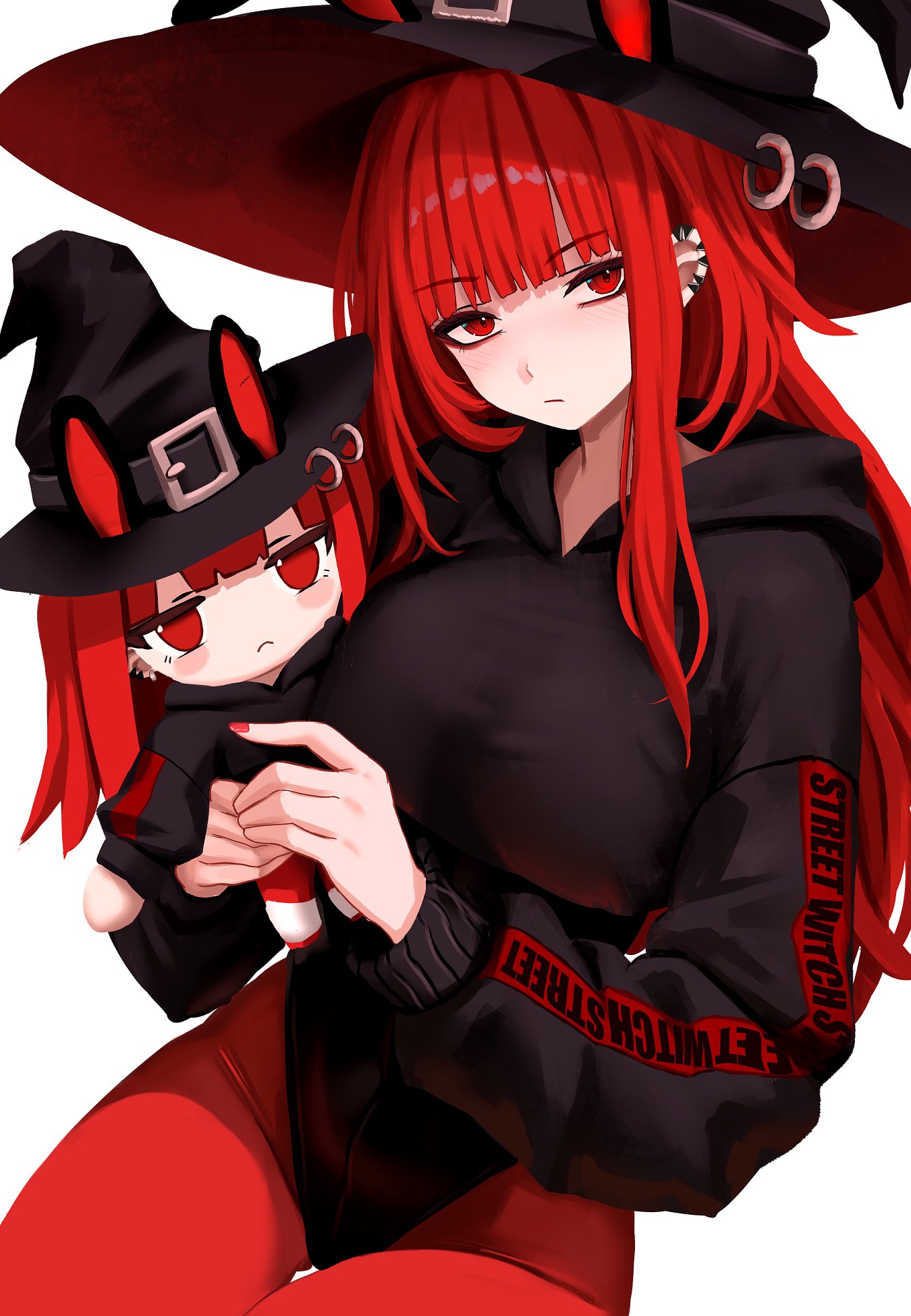 yan kodiac, val (yan kodiac), original, commentary, english commentary, highres, 1girl, :/, animal ears, black hat, black hoodie, black leotard, breasts, character doll, closed mouth, clothes writing, cowboy shot, cropped hoodie, doll, ear piercing, fake animal ears, fingernails, hat, hat with ears, holding, holding doll, hood, hood down, hoodie, large breasts, leotard, light blush, long hair, looking at viewer, nail polish, pantyhose, piercing, rabbit ears, red eyes, red hair, red nails, red pantyhose, simple background, solo, two-sided fabric, two-sided headwear, white background, witch hat