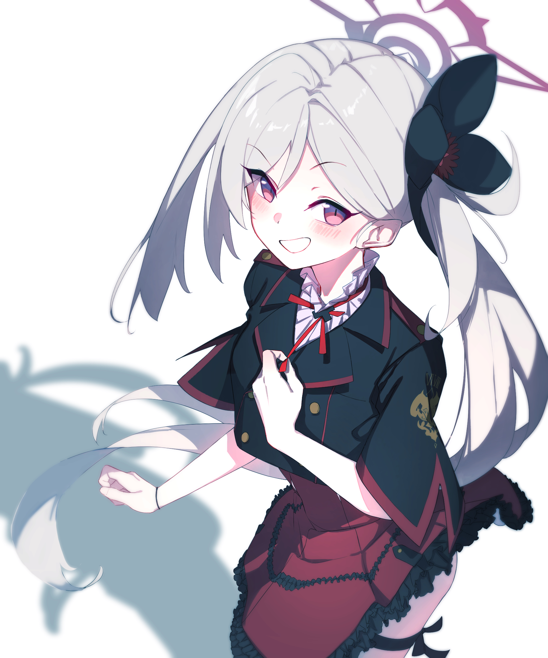 karasuri, mutsuki (blue archive), blue archive, highres, 1girl, black jacket, blush, dynamic pose, flower, from above, grey hair, grin, hair flower, hair ornament, halo, jacket, long hair, looking at viewer, neck ribbon, purple eyes, red ribbon, ribbon, shirt, short sleeves, side ponytail, smile, very long hair, white background, white shirt