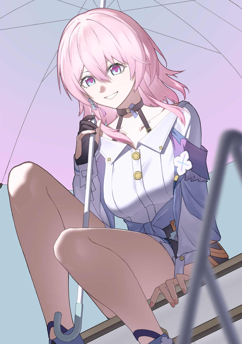 ushi ebi, march 7th (honkai: star rail), march 7th (preservation) (honkai: star rail), honkai: star rail, honkai (series), commentary request, highres, 1girl, archery shooting glove, black choker, black gloves, blue boots, blue eyes, blue jacket, boots, bra strap, breasts, buttons, camera, choker, clenched teeth, earrings, flower ornament, gloves, gradient clothes, gradient jacket, holding, holding umbrella, jacket, jewelry, long sleeves, medium breasts, medium hair, miniskirt, multicolored eyes, off-shoulder jacket, off shoulder, partially fingerless gloves, pink eyes, pink hair, pink jacket, pink pupils, pleated skirt, shirt, single earring, single glove, sitting, skirt, smile, solo, teeth, tied jacket, two-tone eyes, umbrella, underbust, white shirt
