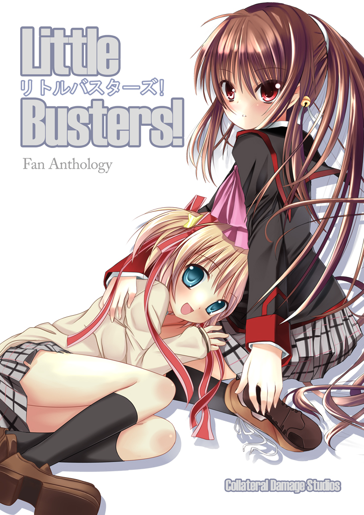 mycstea, xephonia, kamikita komari, natsume rin, little busters!, 2girls, aqua eyes, blonde hair, brown hair, kneehighs, long sleeves, lying, multiple girls, open mouth, plaid clothes, plaid skirt, pleated skirt, ponytail, red eyes, ribbon, school uniform, shoes, sitting, skirt, socks, white background