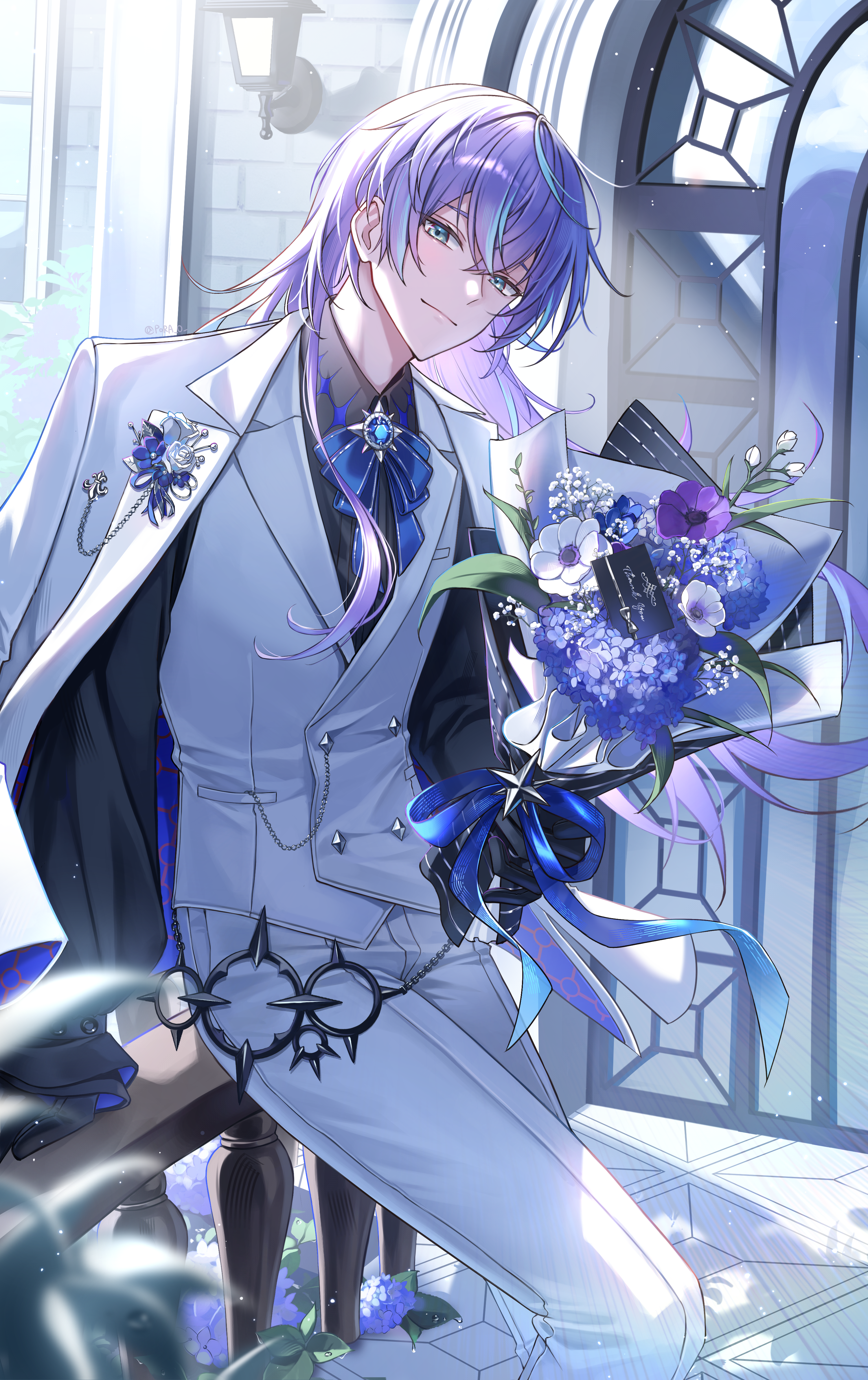 pora 0918, hoshirube sho, nijisanji, absurdres, commentary, highres, symbol-only commentary, 1boy, against railing, anemone (flower), aqua eyes, arm support, baby's-breath, black gloves, black shirt, blue bow, blue bowtie, blue flower, blue hair, blue jacket, blue ribbon, bouquet, boutonniere, bow, bowtie, buttons, card, closed mouth, collared shirt, crossed bangs, day, diamond button, door, double-breasted, feet out of frame, flower, frilled sleeves, frills, gloves, hair between eyes, holding, holding bouquet, hydrangea, jacket, jacket on shoulders, lamp, lapels, light particles, long hair, long sleeves, looking at viewer, male focus, multicolored hair, notched lapels, outdoors, pants, patterned clothing, purple flower, purple hair, railing, ribbon, shirt, sideways glance, smile, solo, star (symbol), streaked hair, sunlight, two-sided fabric, two-sided jacket, vest, virtual youtuber, wallet chain, white flower, white jacket, white pants, white vest