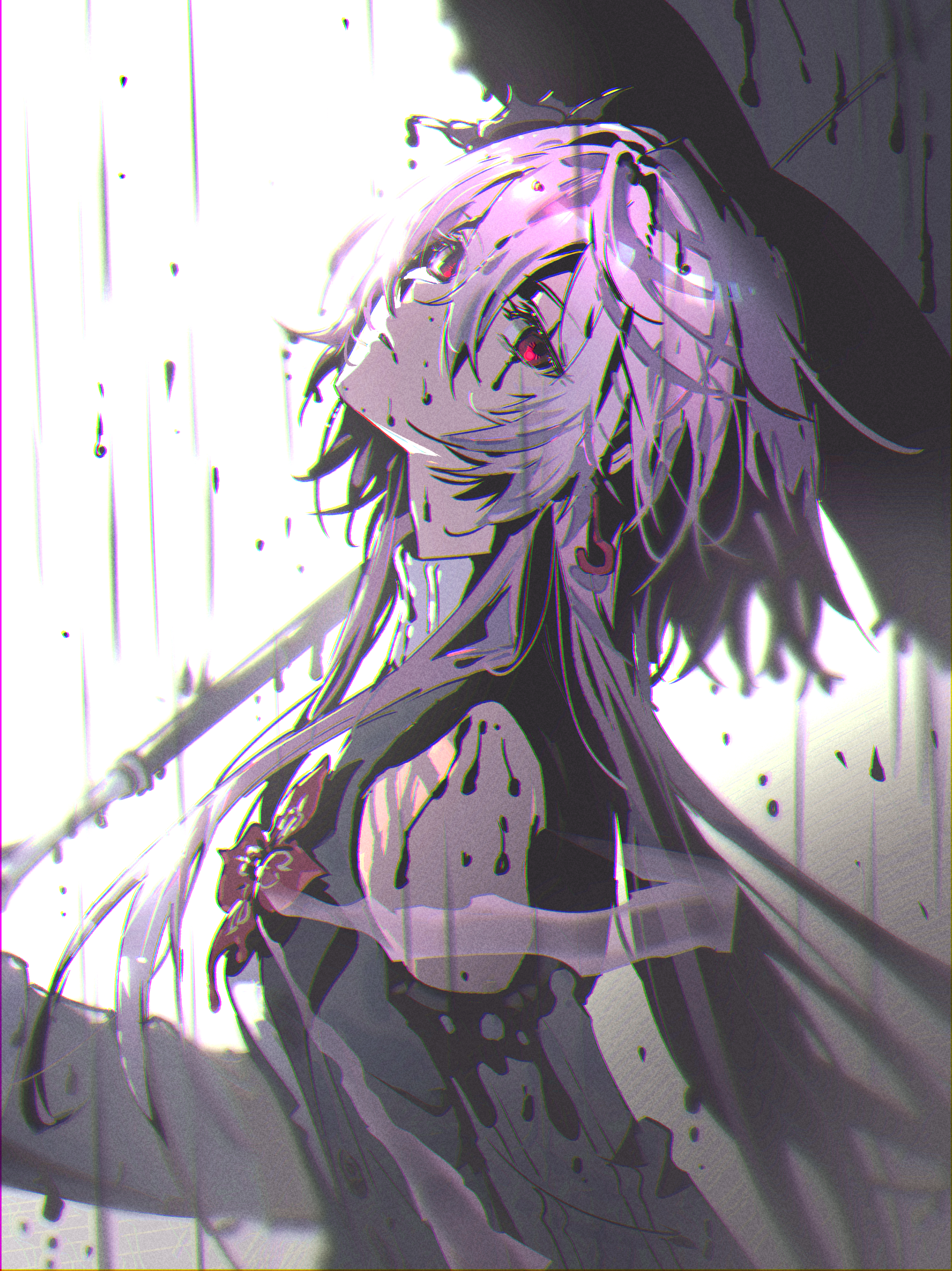 evernight (honkai: star rail), march 7th (honkai: star rail), honkai: star rail, honkai (series), absurdres, commentary, english commentary, highres, 1girl, amalgam, collar, earrings, flower, jewelry, layered sleeves, long hair, looking at viewer, pink hair, red eyes, red flower, simple background, single bare shoulder, single earring, solo focus, umbrella, very long hair, water drop