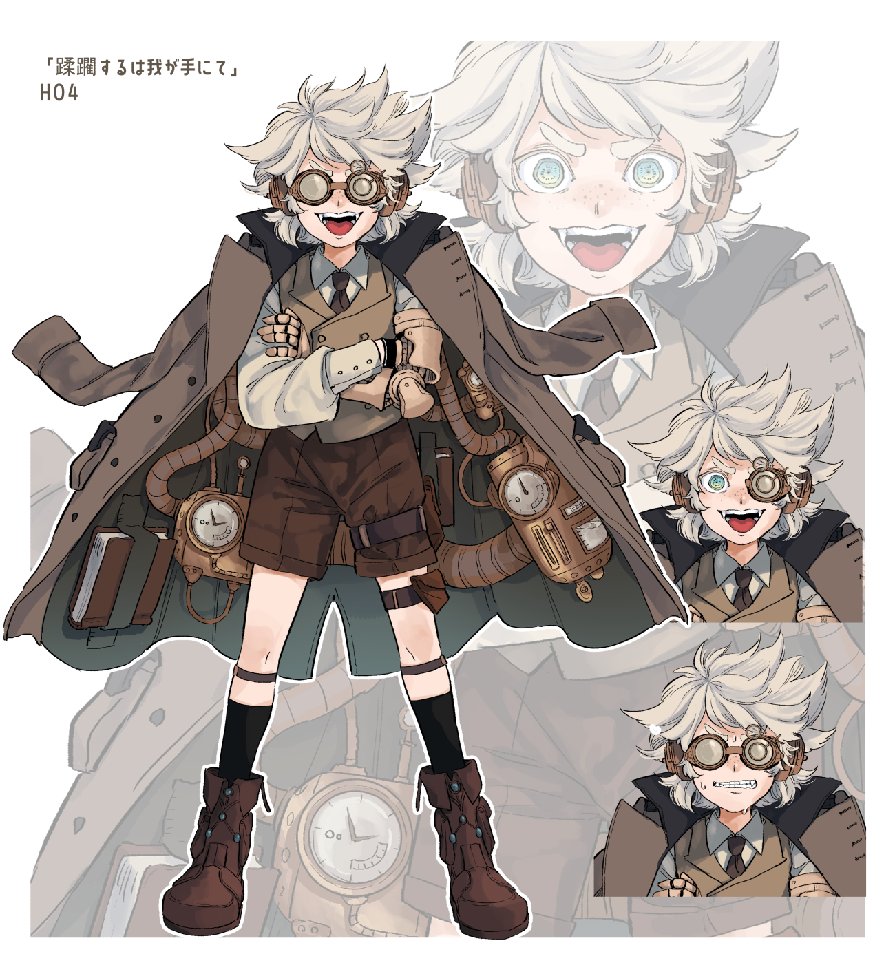 original, commentary request, highres, translation request, 1boy, ano amesuke, black necktie, black socks, blue eyes, book, boots, brown boots, brown shorts, brown vest, clenched teeth, coat, coat on shoulders, crossed arms, cyborg, ear covers, freckles, goggles, grey hair, kneehighs, male focus, mechanical arms, necktie, shorts, single mechanical arm, socks, steampunk, teeth, thigh strap, vest
