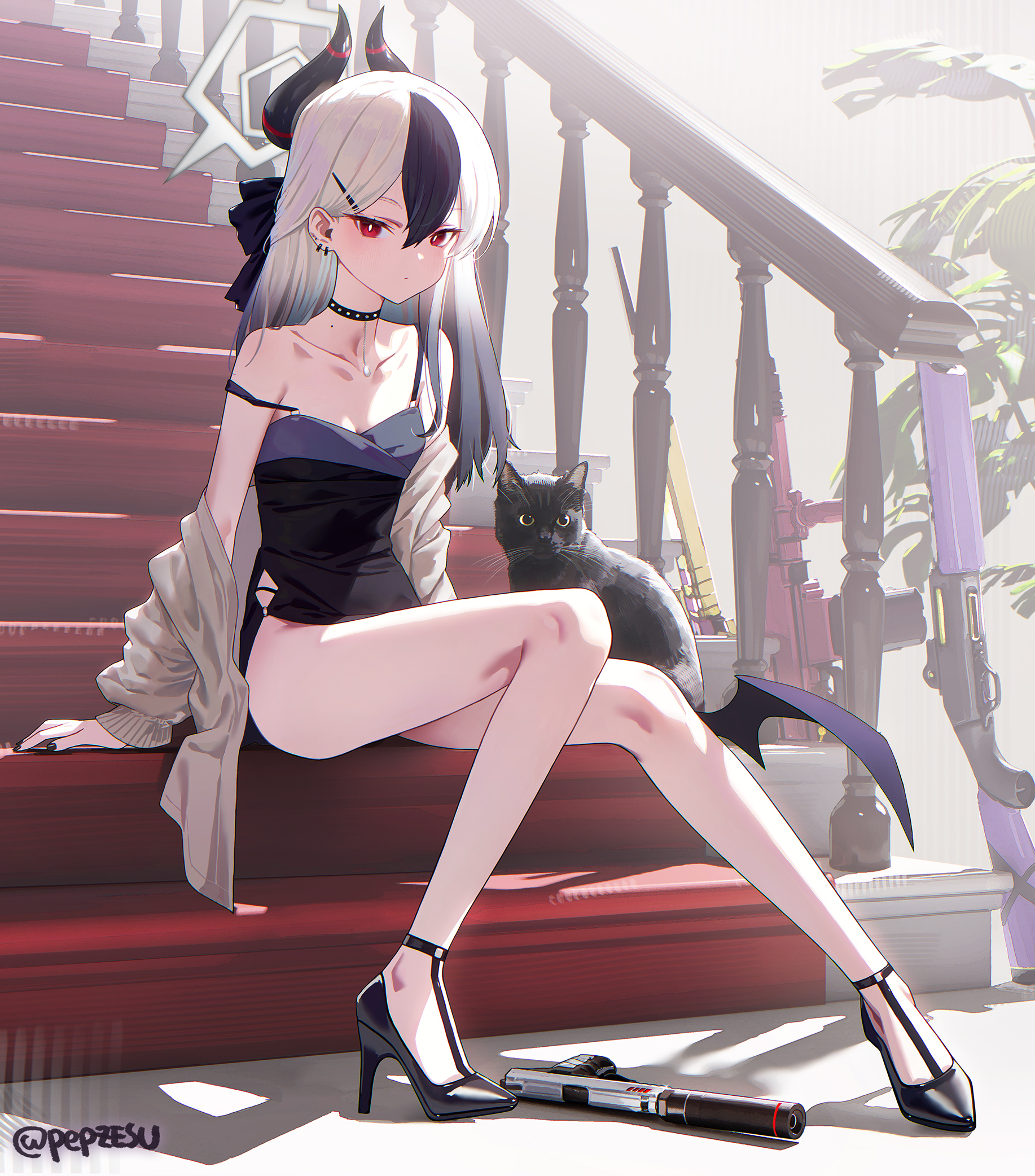 kayoko (blue archive), kayoko (dress) (blue archive), blue archive, highres, 1girl, animal, black cat, black dress, black hair, black shoes, brown cardigan, cardigan, cat, demon girl, demon horns, dress, grey halo, gun, h&k p30, halo, handgun, high heels, horns, long hair, multicolored hair, official alternate costume, open cardigan, open clothes, pepzesu, rifle, shoes, shotgun, sitting, sitting on stairs, sniper rifle, solo, stairs, streaked hair, suppressor, twitter username, weapon, white hair