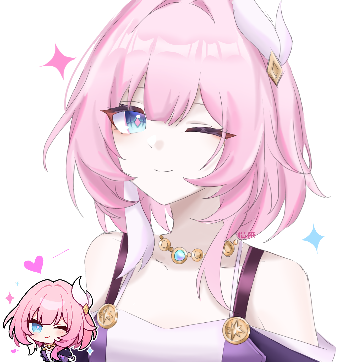 xirana58059, cyrene (honkai: star rail), honkai: star rail, honkai (series), chinese commentary, commentary request, highres, 1girl, ;), bare shoulders, blue eyes, chibi, chibi inset, coat, cyrene (aedes elysiae) (honkai: star rail), hair ornament, honkai: star rail sticker redraw (meme), jewelry, looking at viewer, meme, multicolored hair, necklace, one eye closed, pink hair, purple coat, short hair, simple background, smile, solo, two-tone hair, white background, white hair