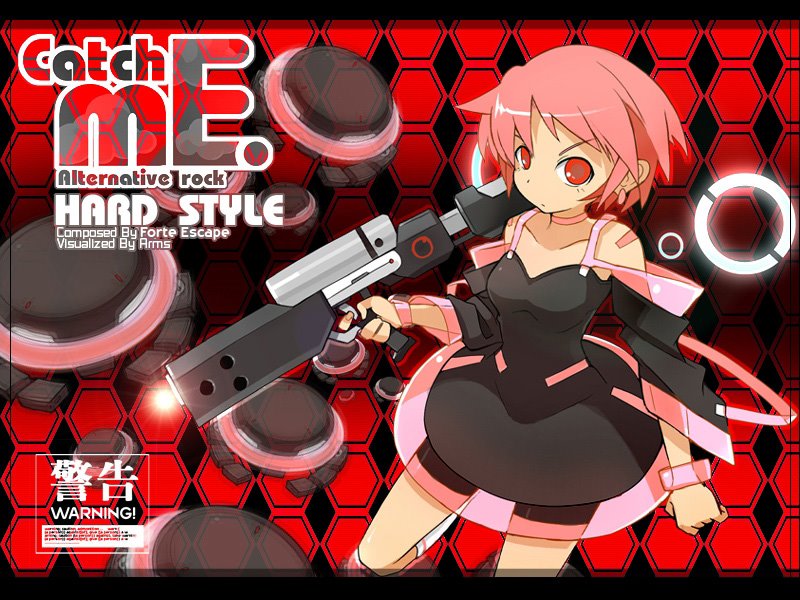 djmax, djmax portable, dress, gun, pink hair, red eyes, robot, short hair, solo, weapon