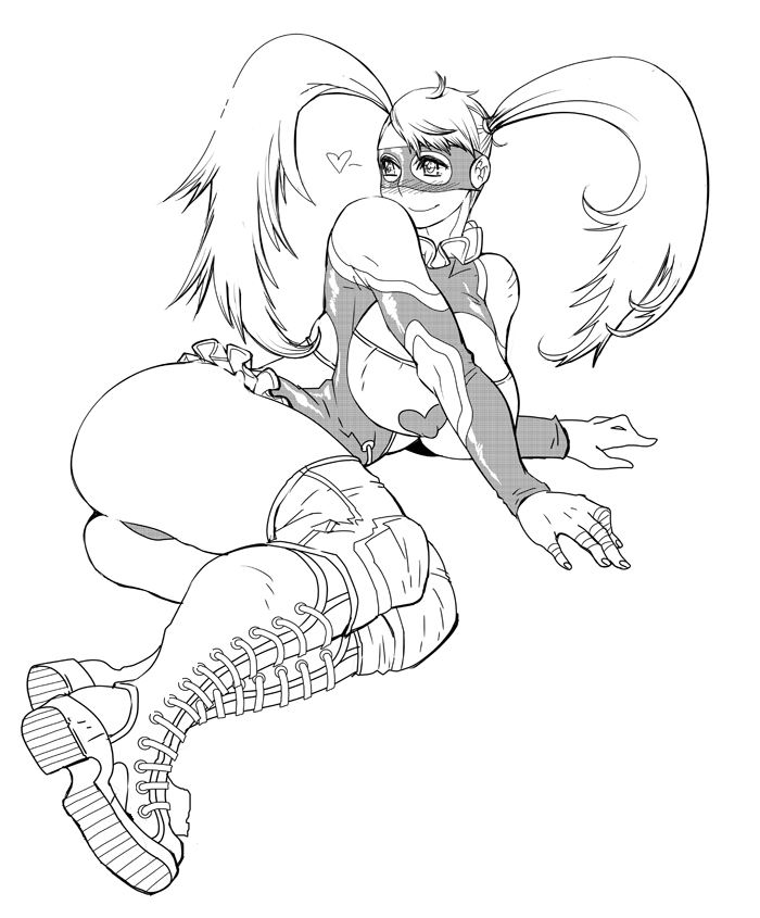 butcherboy, rainbow mika, capcom, street fighter, street fighter zero (series), 1990s (style), 1girl, ass, blush, boots, breasts, female focus, greyscale, heart, large breasts, long hair, lying, mask, monochrome, retro artstyle, solo, thighhighs, twintails