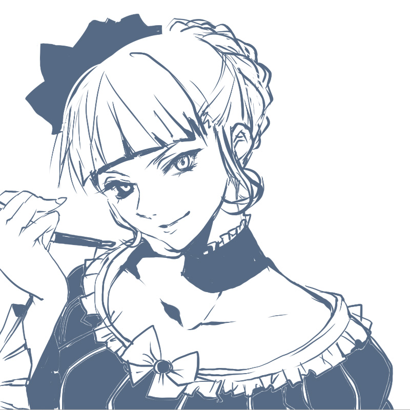 gm, beatrice (umineko), umineko no naku koro ni, bad id, bad pixiv id, 00s, blue theme, choker, dress, monochrome, ribbon, smile, solo