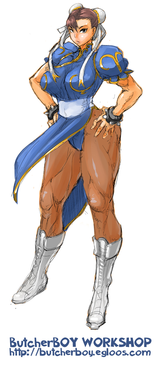 butcherboy, chun-li, capcom, street fighter, 1girl, bracelet, breasts, brown hair, bun cover, china dress, chinese clothes, curvy, double bun, dress, female focus, hair bun, hands on own hips, hip focus, huge breasts, jewelry, large breasts, muscular, pantyhose, pelvic curtain, simple background, sketch, solo, spiked bracelet, spikes, thick thighs, thighs, wide hips
