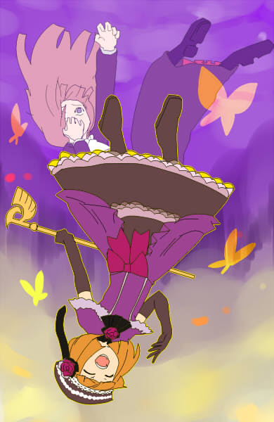 kamaboko red, eva beatrice, ushiromiya rosa, umineko no naku koro ni, bad id, bad pixiv id, 00s, boots, brown hair, bug, butterfly, closed eyes, dress, elbow gloves, flower, frills, gloves, hat, insect, long hair, orange hair, ribbon, rose, short hair, skirt, staff
