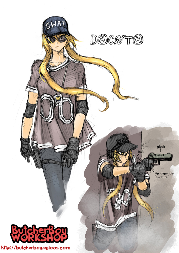 butcherboy, 1girl, aiming, baseball cap, blonde hair, female focus, glock, gloves, gun, handgun, hat, holster, jersey, knee pads, long hair, pistol, s.w.a.t., shirt, solo, sunglasses, twintails, weapon