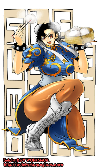 butcherboy, chun-li, capcom, street fighter, boots, breasts, china dress, chinese clothes, chopsticks, double bun, dress, large breasts, manju, pantyhose, squatting, thighs