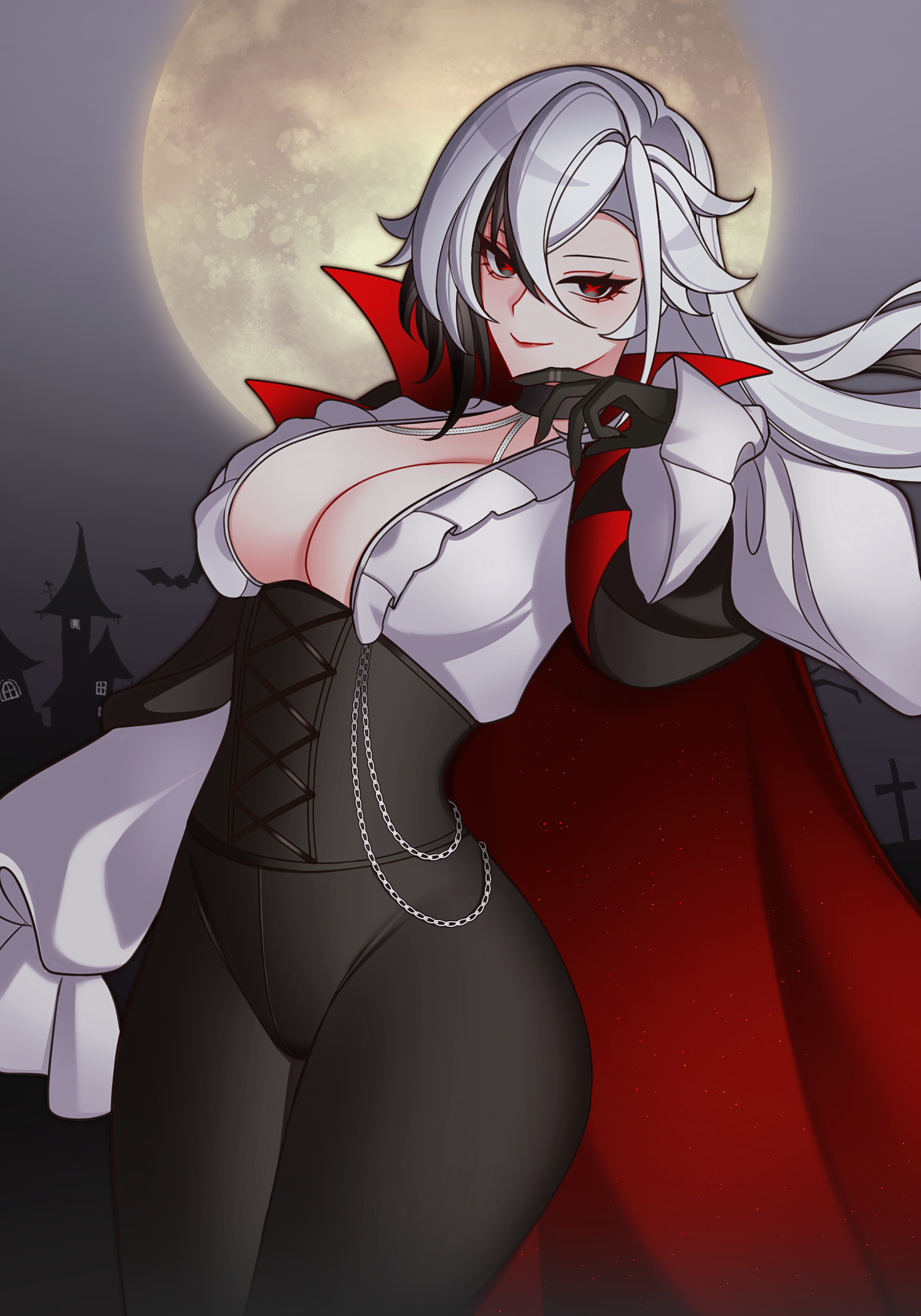 charlie purrito, arlecchino (genshin impact), genshin impact, highres, 1girl, alternate costume, black eyes, black hair, black hands, breasts, cleavage, colored extremities, multicolored hair, night, red pupils, smile, solo, streaked hair, symbol-shaped pupils, white hair, x-shaped pupils