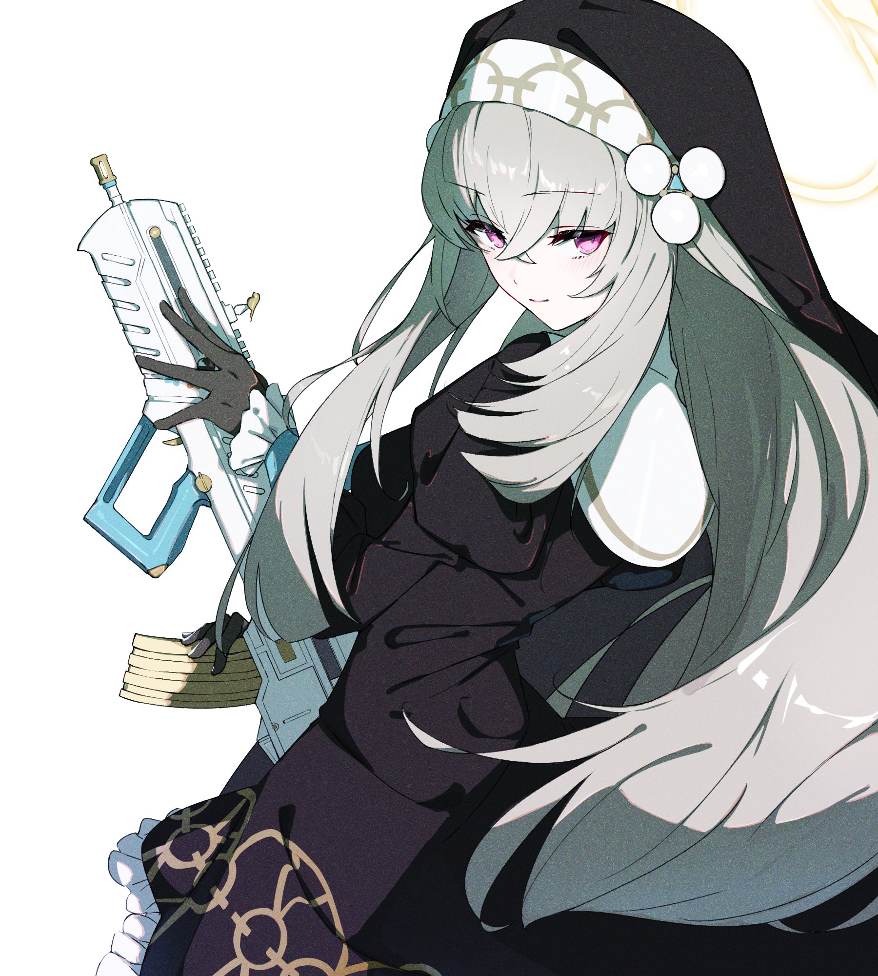 karasuri, sakurako (blue archive), blue archive, highres, 1girl, black dress, black gloves, dress, gloves, grey hair, gun, halo, holding, holding gun, holding weapon, light smile, long hair, looking at viewer, nun, purple eyes, simple background, solo, weapon, white background, yellow halo