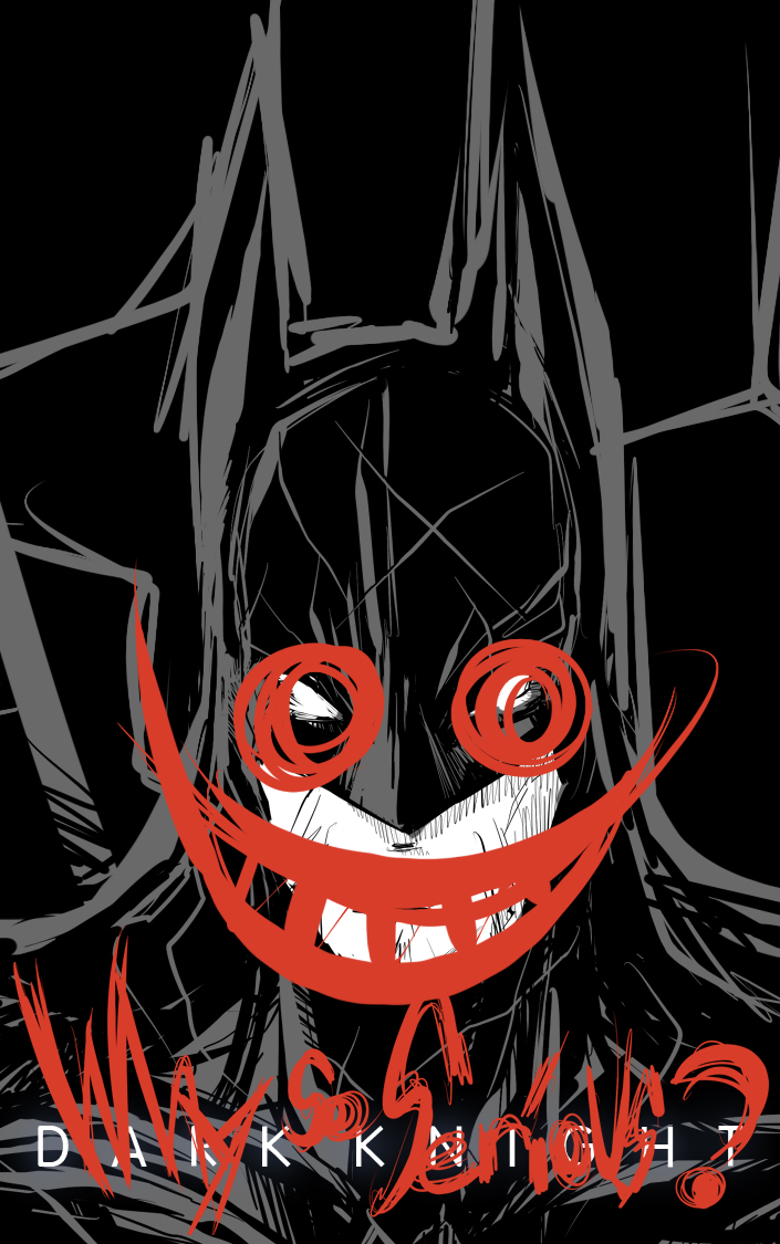 butcherboy, batman, bruce wayne, batman (series), dc comics, the dark knight, 1boy, copyright name, evil smile, helmet, looking at viewer, male focus, mask, smile, solo, upper body, why so serious