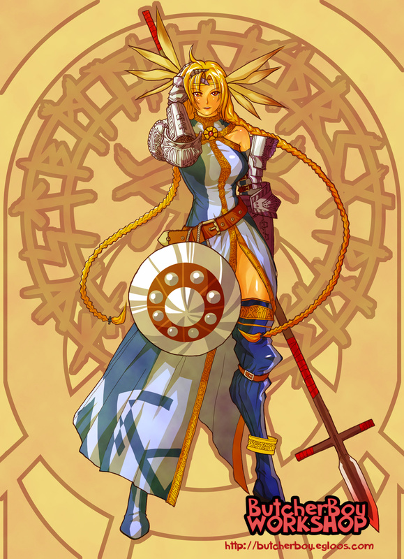 butcherboy, 1girl, armor, blonde hair, braid, female focus, gauntlets, long hair, partisan (weapon), polearm, shield, solo, spear, thighhighs, twin braids, weapon