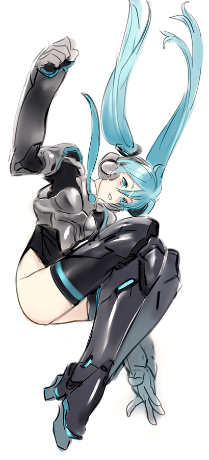 nishieda, hatsune miku, hatsune miku (append), vocaloid, vocaloid append, bad id, bad pixiv id, long image, tall image, 1girl, armor, blue eyes, blue hair, boots, female focus, gloves, jumping, matching hair/eyes, open mouth, simple background, smile, solo, thigh boots, thighhighs, twintails
