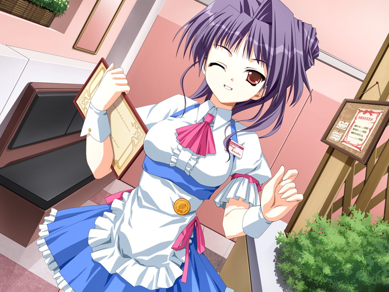 kanno touko, mogi kazuha, doko e iku no ano hi, game cg, non-web source, 1girl, menu board, name tag, one eye closed, purple hair, red eyes, ribbon trim, side ponytail, skirt, smile, teeth, waitress