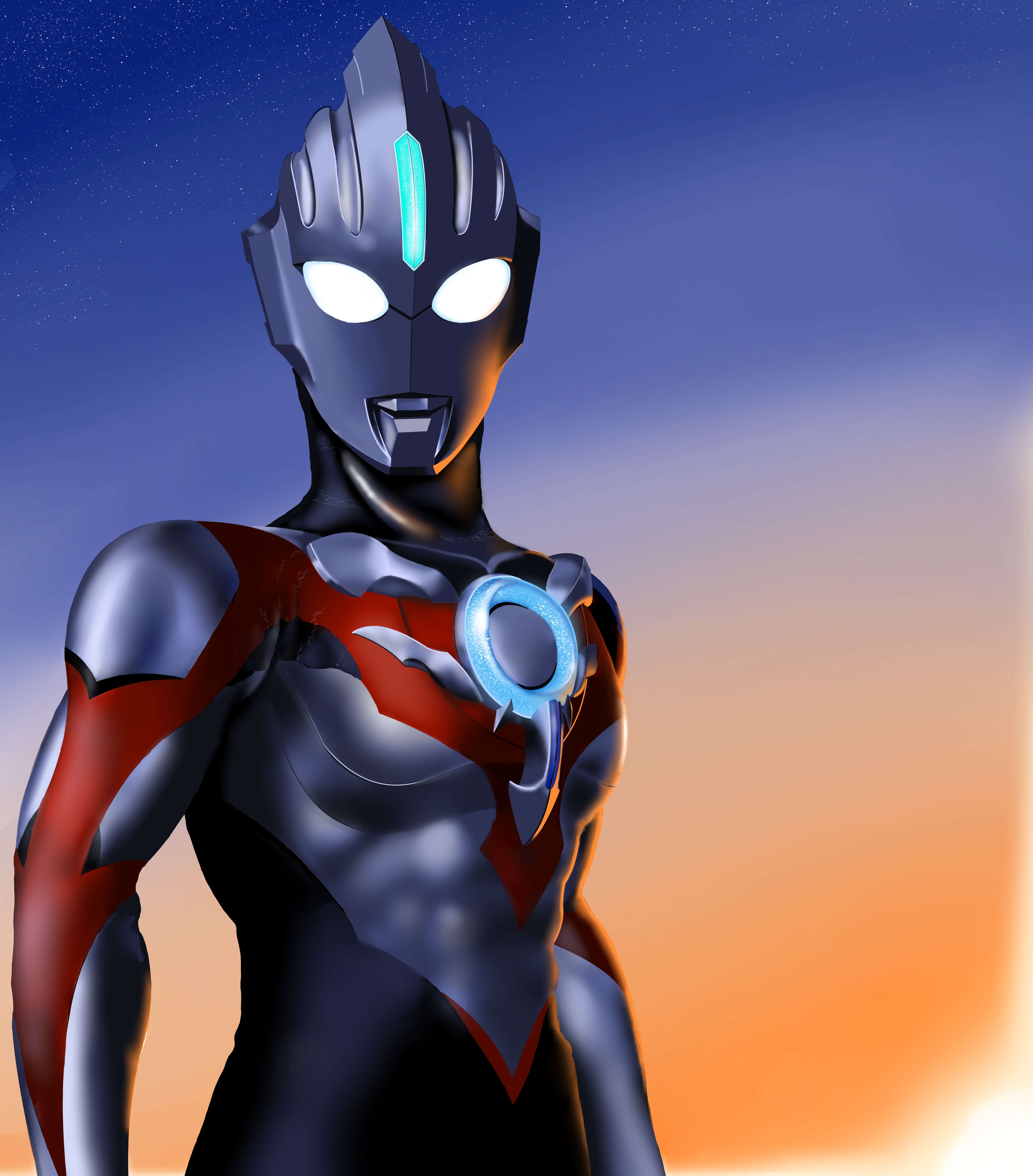 ultraman orb, tokusatsu, ultra series, ultraman orb (series), absurdres, commentary, highres, 1boy, alien, arms at sides, black skin, blue sky, collarbone, color timer, colored skin, compound eyes, dorsal fin, glowing, glowing eyes, gradient sky, looking at viewer, male focus, multicolored skin, no pupils, orange sky, outdoors, pectorals, red skin, shining gold montblanc, silver skin, sky, solo, standing, star (sky), starry sky, sunset, toned, toned male, turning head, upper body, white eyes