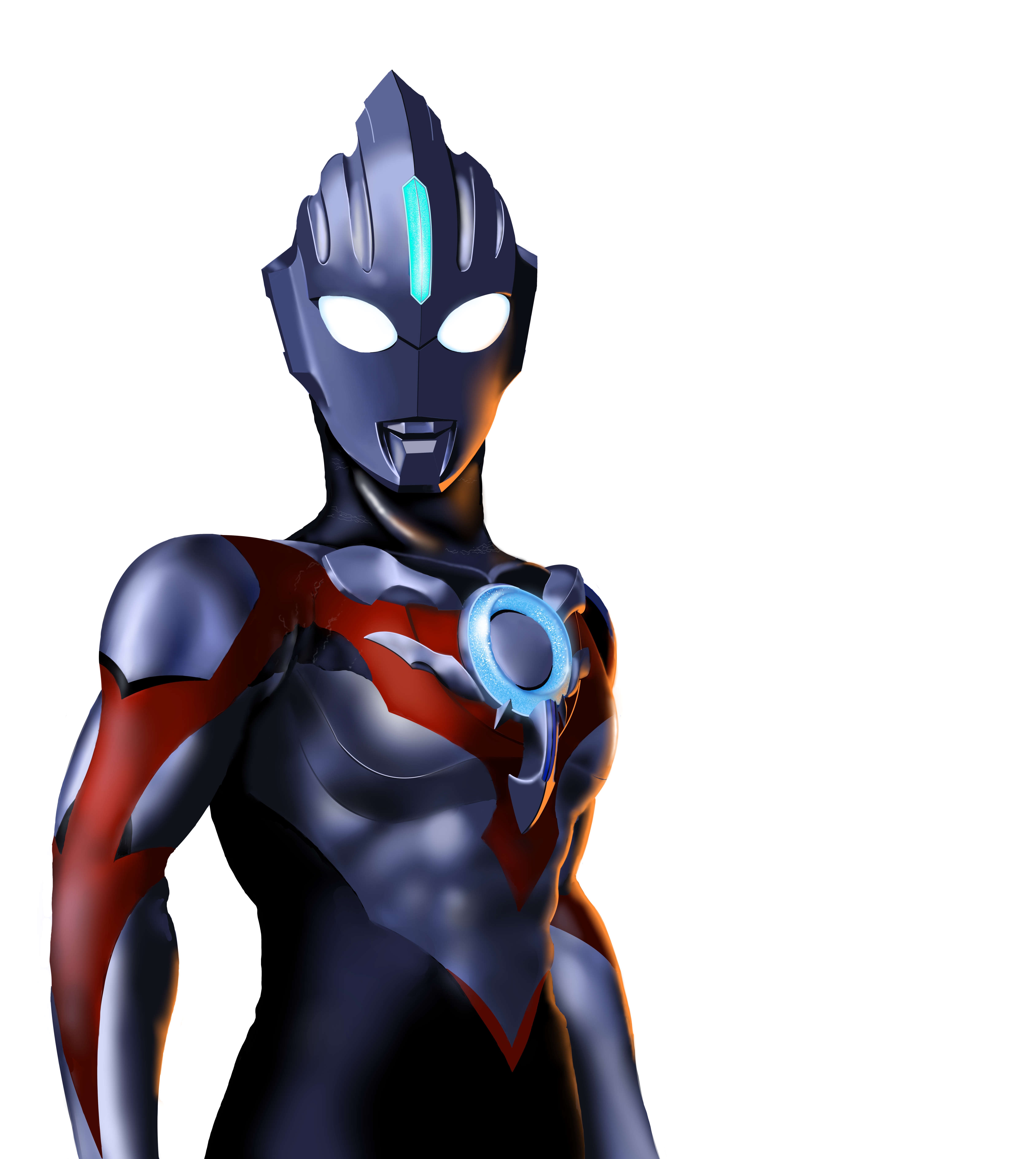 ultraman orb, tokusatsu, ultra series, ultraman orb (series), absurdres, commentary, highres, 1boy, alien, arms at sides, black skin, collarbone, color timer, colored skin, compound eyes, dorsal fin, glowing, glowing eyes, looking at viewer, male focus, multicolored skin, no pupils, pectorals, red skin, shining gold montblanc, silver skin, simple background, solo, standing, toned, toned male, turning head, upper body, white background, white eyes