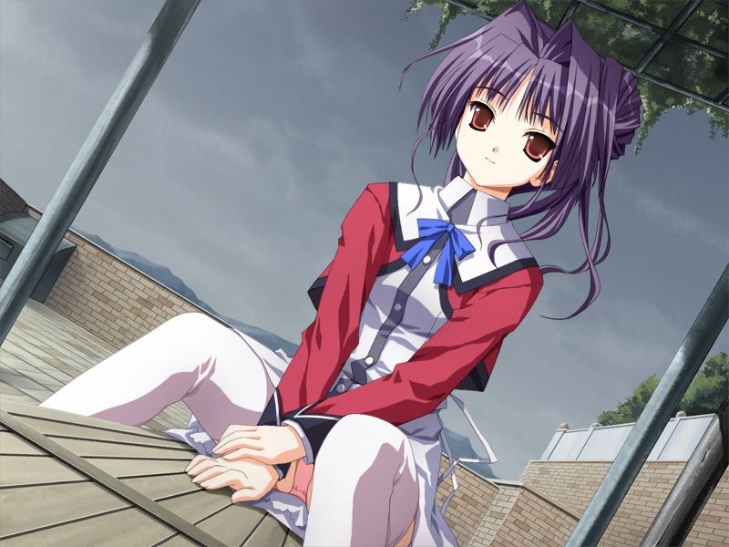 kanno touko, mogi kazuha, doko e iku no ano hi, game cg, non-web source, 1girl, cloud, cloudy sky, looking at viewer, panties, pink panties, purple hair, red eyes, ribbon, school uniform, side ponytail, sitting, skirt, sky, thighhighs, underwear