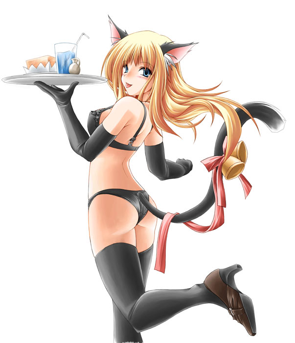 animal ears, bell, blonde hair, blush, cat ears, cat tail, green eyes, long hair, ribbon, tail, tail bell, tail ornament, tail ribbon, thighhighs, tongue, waitress