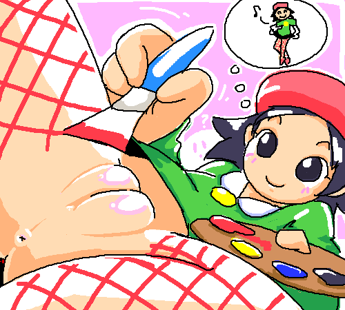 minuspal, adeleine, pallette, kirby (series), nintendo, fishnet legwear, lowres, anus, blush, fishnets, musical note, paint, paintbrush, painting (action), pussy, thighhighs, thinking, uncensored