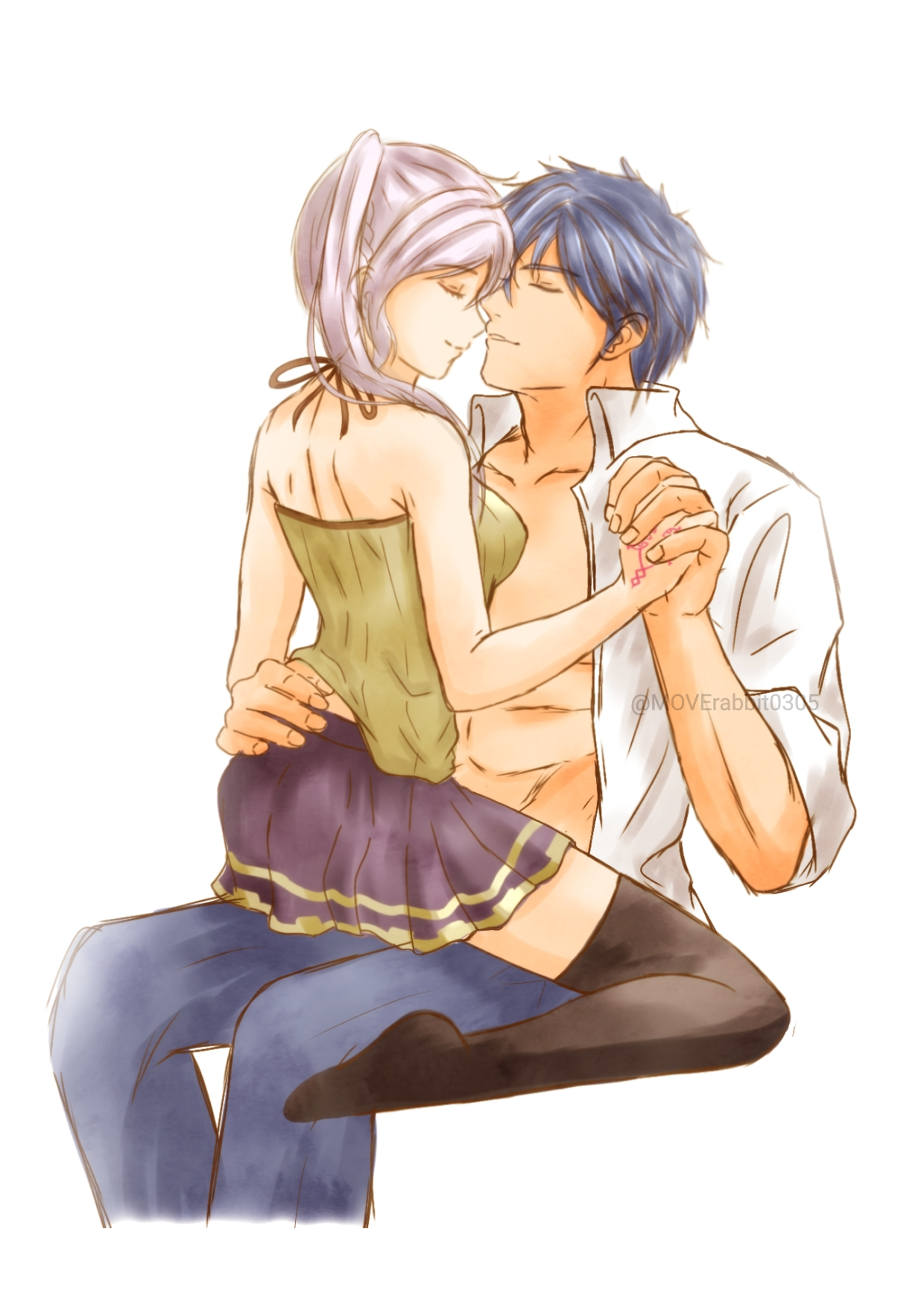 moverabbit0305, chrom (fire emblem), female robin (fire emblem), fire emblem, fire emblem awakening, intelligent systems, highres, 1boy, 1girl, abs, alternate costume, backless shirt, bare arms, bare shoulders, black thighhighs, blue hair, breasts, closed eyes, couple, eyelashes, eyes of grima, fingernails, halterneck, hand on another's back, hand tattoo, happy, imminent penetration, interlocked fingers, kissing nose, long hair, medium breasts, miniskirt, muscular arms, no bra, no gloves, open clothes, open shirt, shirt, shoulder blades, sidelocks, sitting, sitting on lap, sitting on person, skirt, sleeveless, sleeveless shirt, sleeves rolled up, smile, spaghetti strap, swept bangs, tattoo, thighhighs, toned, toned male, twintails, white background, white hair, yellow eyes