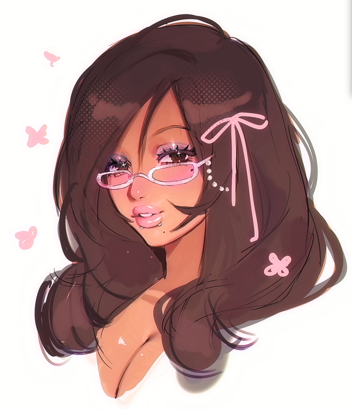 noisykoala, original, commentary, english commentary, highres, 1girl, breasts, brown eyes, brown hair, cleavage, cropped head, drawn flower, eyelashes, eyeshadow, eyewear strap, face piercing, glitter makeup, hair between eyes, hair over shoulder, hair ribbon, half-closed eyes, halftone, long hair, looking at viewer, makeup, mole, mole under eye, mole under mouth, mouth piercing, parted lips, piercing, pink-framed eyewear, pink eyeshadow, pink lips, pink ribbon, rectangular eyewear, ribbon, sketch, swept bangs, tan, teeth, thick lips, white background