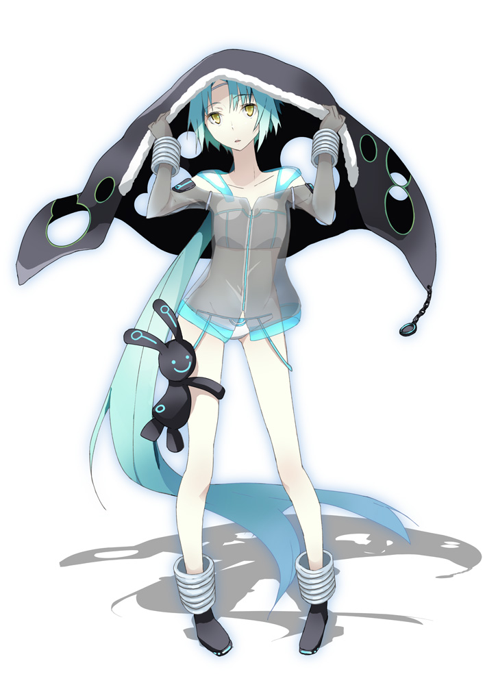 houru, ranatus, senko no ronde duo, senkou no ronde, absurdly long hair, aqua hair, blue hair, boots, bracelet, cape, flat chest, full body, jewelry, legs, long hair, ponytail, see-through clothes, solo, stuffed animal, stuffed rabbit, stuffed toy, very long hair, yellow eyes