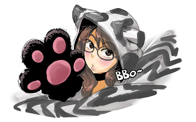 butcherboy, 1girl, :o, animal ears, animal hands, animal print, blush, brown eyes, brown hair, cow print, female focus, glasses, hood, solo