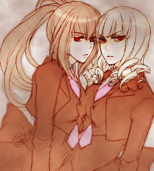 inao (roc-ca), belphegor (umineko), lucifer (umineko), satan (umineko), stakes of purgatory, umineko no naku koro ni, silver hair, uniform, bad id, bad pixiv id, 00s, 2girls, blonde hair, drill hair, jacket, long hair, multiple girls, necktie, pink necktie, ponytail, red eyes
