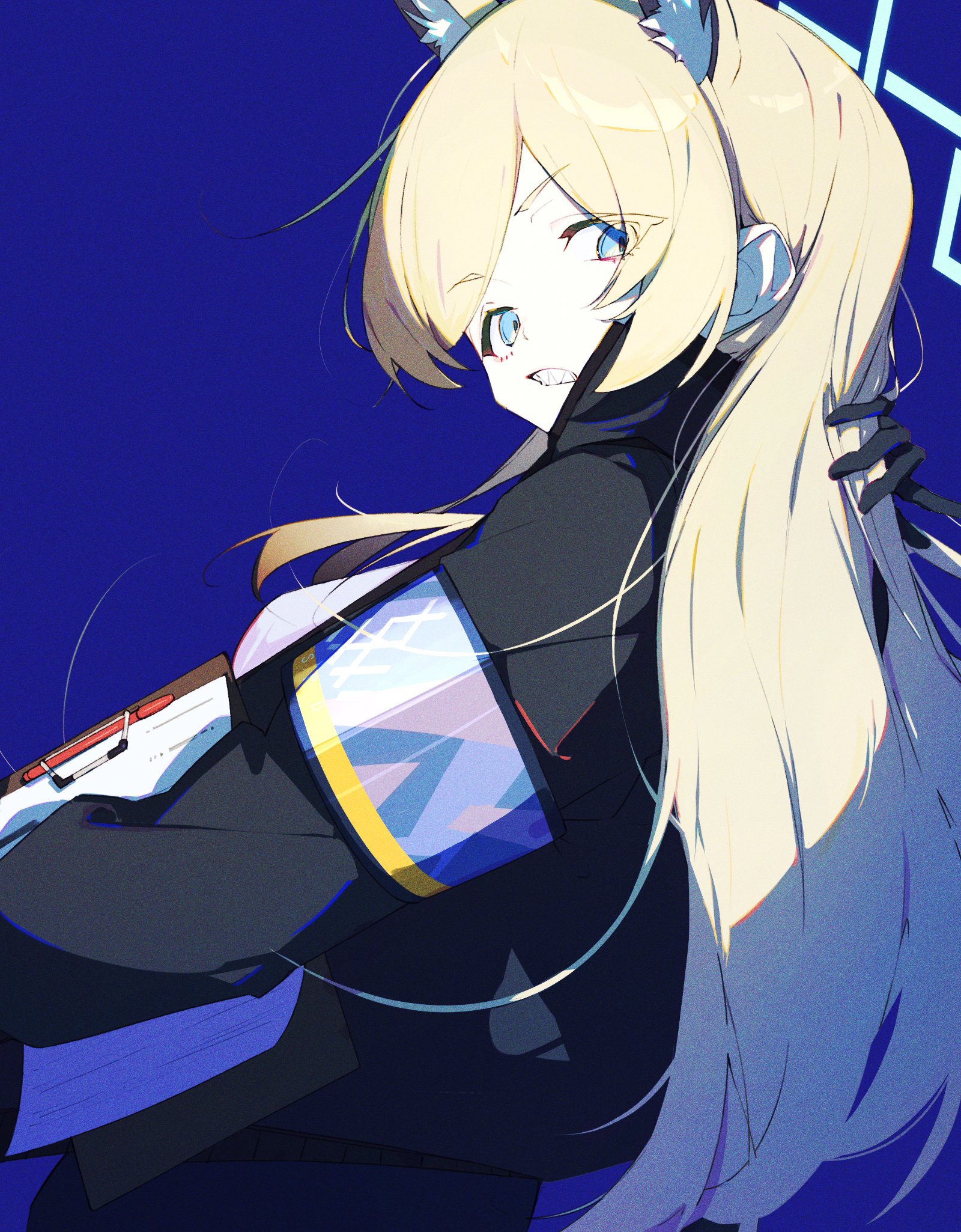 karasuri, kanna (blue archive), blue archive, highres, 1girl, animal ears, blonde hair, blue background, blue eyes, blue halo, halo, long hair, long sleeves, looking at viewer, looking back, police, police uniform, policewoman, solo, wolf ears, wolf girl