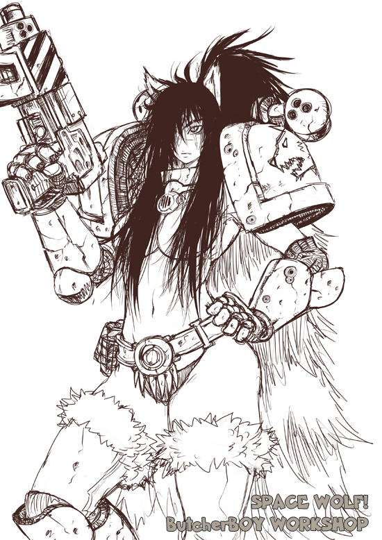 butcherboy, adeptus astartes, space wolves, warhammer 40k, .75 calibre bolt, 1girl, animal ears, anti-materiel cartridge, armor, bolt (warhammer 40k), bolter, breasts, convenient censoring, female focus, gauntlets, greyscale, gun, hair over breasts, hair over one eye, heresy, high-explosive cartridge, large breasts, long hair, monochrome, no bra, pauldrons, pelt, rocket-assisted projectile, scar, shoulder armor, solo, thighhighs, topless female, weapon, window magazine