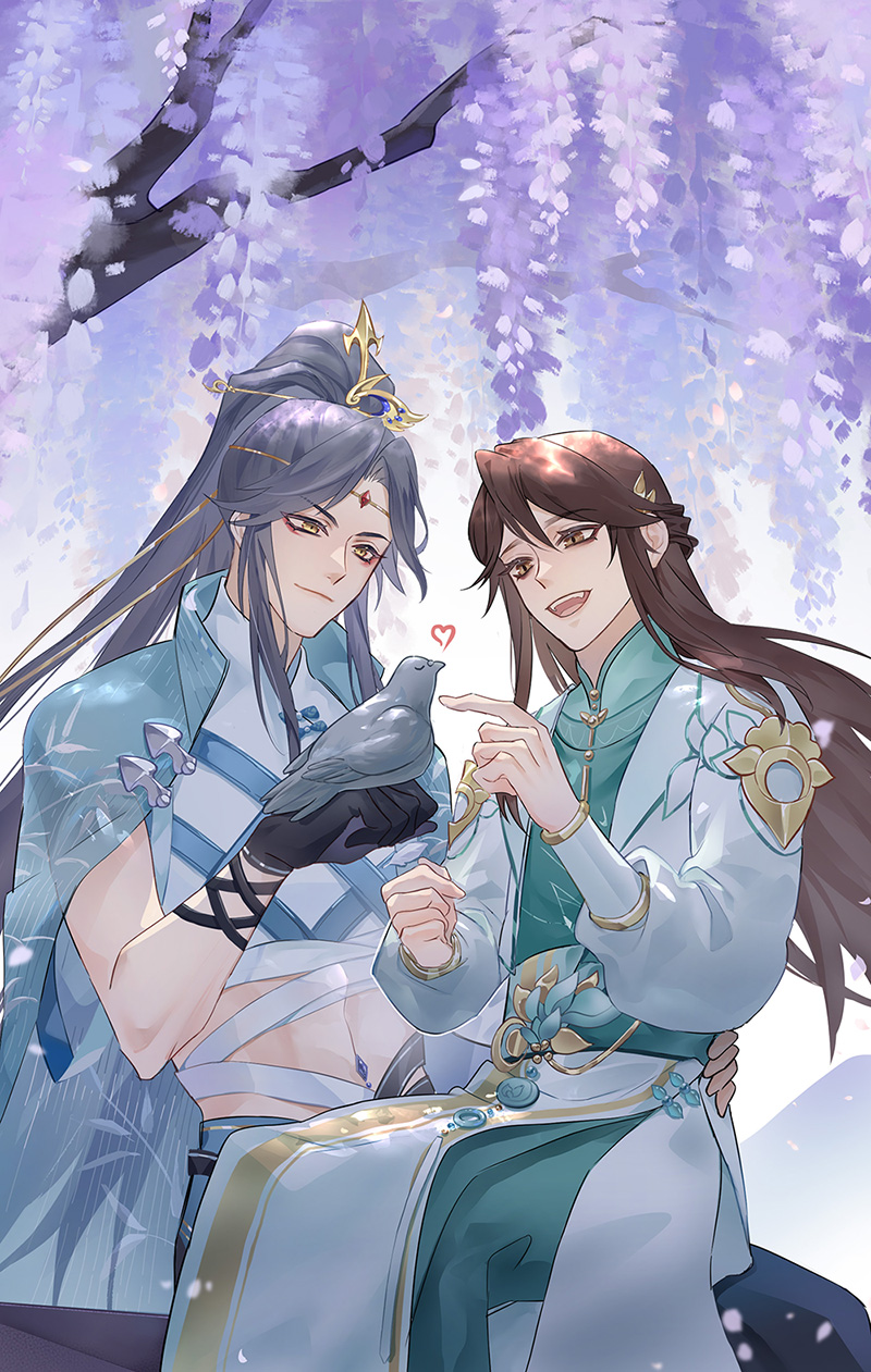 uka (azraeluka), hua yi shanxin zhiyue, chinese commentary, highres, >:), 2boys, :d, aqua hanfu, aqua pants, aqua robe, aqua sash, bandaged torso, bird, bird on hand, black gloves, black pants, blue cape, brown eyes, brown hair, cape, chinese clothes, closed mouth, coat, crop top, curtained hair, eyeliner, feet out of frame, flower, flower ornament, gloves, grey hair, hair between eyes, hair ornament, hair stick, half updo, hand on another's hip, hanfu, head chain, high ponytail, jewelry, leaf hair ornament, ling (hua yi shanxin zhiyue), long hair, long sleeves, looking at animal, makeup, male focus, mandarin collar, midriff, multiple boys, navel piercing, open mouth, pants, parted bangs, pelvic curtain, piercing, ponytail, purple flower, red eyeliner, robe, sash, see-through cape, see-through clothes, shirt, shoulder guard, sidelocks, sitting, sitting on lap, sitting on person, smile, teeth, the prince (hua yi shanxin zhiyue), tree, upper teeth only, v-shaped eyebrows, very long hair, waist sash, white coat, white shirt, wisteria, xiao guan (headdress), yaoi, yaopei, yellow eyes, yuanlingpao