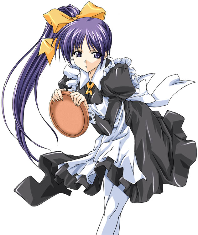 itou noemi, with you, 00s, 1girl, apron, blue eyes, blue hair, bow, dress, female focus, hair ribbon, high side ponytail, leaning forward, long hair, matching hair/eyes, open mouth, pantyhose, ponytail, purple hair, ribbon, side ponytail, simple background, solo, standing, tray, very long hair, waitress, white pantyhose, wrist cuffs, yellow bow